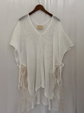 Judith March Oversized 100% Cotton Crochet Knit Cover Up Open Sides - White - M